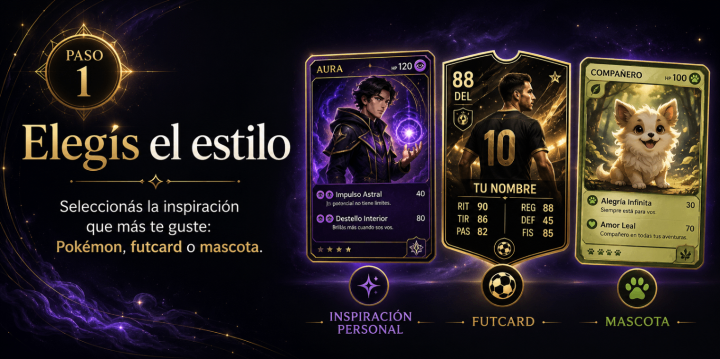 Paso 1 de Aura Cards mostrando tres estilos de cartas personalizadas.